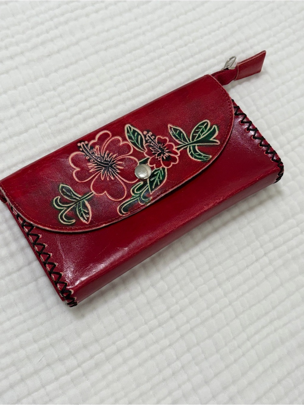 Gold Coast Floral Embossed Vegan Leather Burgundy Wallet Black Whip Stitch